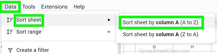 An example of how to alphabetize in Google Sheets in ascending order