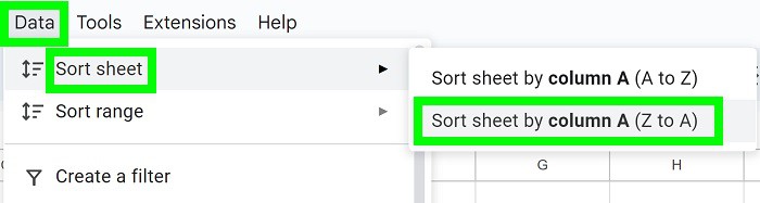 Example of How to alphabetize in Google Sheets in descending order