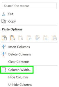 Example of Column width menu option in Excel Right Click Method