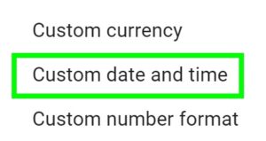 Example of Custom date and time selection to apply a custom date format in Google Sheets