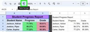 Example of How to copy formatting with paint format in Google Sheets part 1 data selected and paint format button clicked