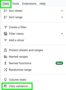 Example of How to remove data validation and drop down menus in Google Sheets clicking data validation menu