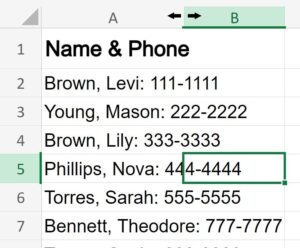 Example of Fitting cell width to text in Microsoft Excel with cursor hovering ready to resize- List of data before adjustment