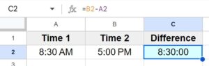 Example of How to calculate the duration between two times (time difference) in Google Sheets