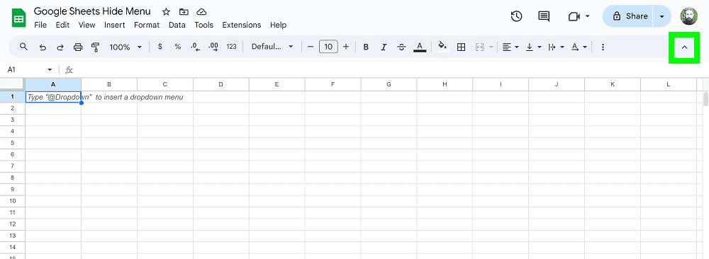 Example of how to hide the menu in Google Sheets part 1 before hiding the menu, with button highlighted